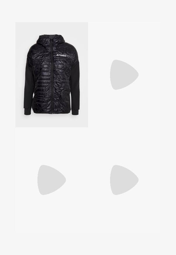 Črna izolirana jakna s prešito zasnovo, ki vključuje kapuco, celotni sprednji zadrgo in elastične mansete; označena z "TERREX" v beli barvi.; The North Face FLEX SHORT SLEEVES TEE - Športne majice - black; Črne capri legice iz raztegljive tkanine, z visokim pasom in majhnim belim logotipom na levi strani. Gladka tekstura.; Columbia REDMOND - Pohodniški čevlji - black/citron haze
