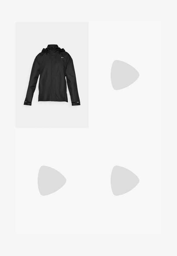 Nike Performance FAST - Windbreaker - black; Black athletic t-shirt made of smooth fabric, featuring a knotted front design and a small white Nike logo on the chest.; Black cropped leggings made of stretchy fabric, featuring a high waistband and smooth texture, with no visible patterns or hardware.; Black Nike running shoe with breathable mesh upper, white swoosh logo, textured detailing, and a cream-colored ZoomX midsole.