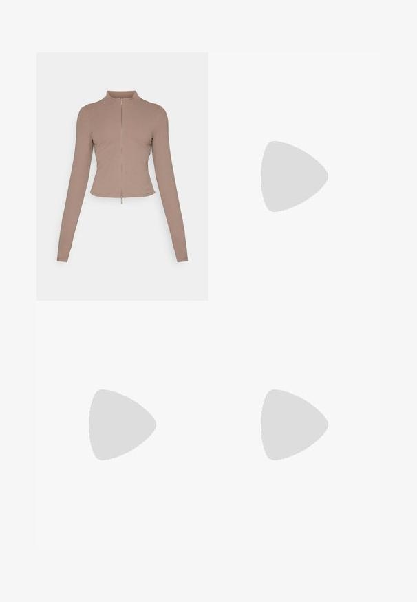 Brown long-sleeve top made of stretchy fabric, featuring a high collar and a full front zipper, with a fitted design and straight hem.; White short-sleeve T-shirt made of smooth fabric, featuring a round neckline and a small grey Nike logo on the chest.; High-waisted shorts made of smooth, stretchy fabric in a muted brown color. Features flat seams and a fitted design for comfort.; White athletic shoes with a textured upper, padded collar, and lace closure. Features a curved outsole and subtle branding on the side.