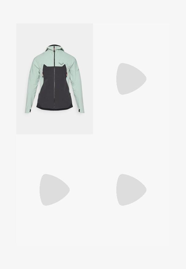 Chaqueta ligera con un panel superior en verde menta y una sección inferior en gris oscuro. Textura suave, cierre de cremallera y dos bolsillos laterales con detalles en naranja.; Camisa blanca de manga larga con un logo azul de "TERREX". La tela es ligera y tiene detalles de malla texturizada en los hombros.; Leggings negras con un patrón de cebra tonal, de cintura alta, textura suave y un logo de Adidas en la cadera izquierda. Confeccionadas con tela elástica.; Zapatilla deportiva blanca con rayas diagonales negras, parte superior de malla, punta redondeada y suela texturizada. Los acentos incluyen un talón plateado y un diseño minimalista.