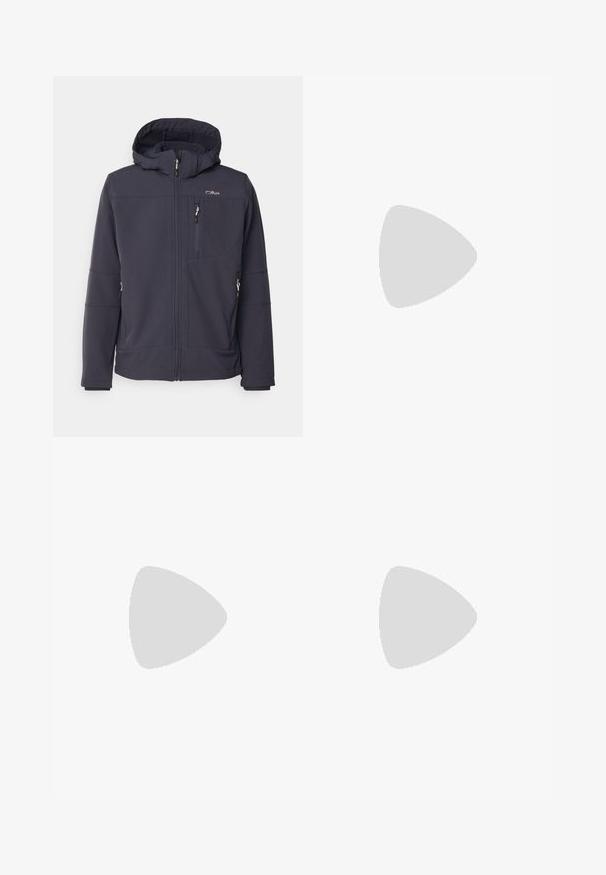 Chaqueta softshell navy con capucha, cierre frontal con cremallera y bolsillos laterales. Presenta costuras en contraste y un logo en el pecho.; Camiseta negra de manga corta, hecha de algodón, con un cuello redondo y un pequeño logo blanco en la parte superior izquierda del pecho.; Pantalones deportivos negros hechos de un tejido ligero, con una cinturilla ajustable, bolsillos laterales y puños ajustados en los tobillos.; Zapatilla de trail running negra con upper texturizado, suela de goma y puntera reforzada. Presenta un collar acolchado y una lengüeta para poner y quitar fácilmente.