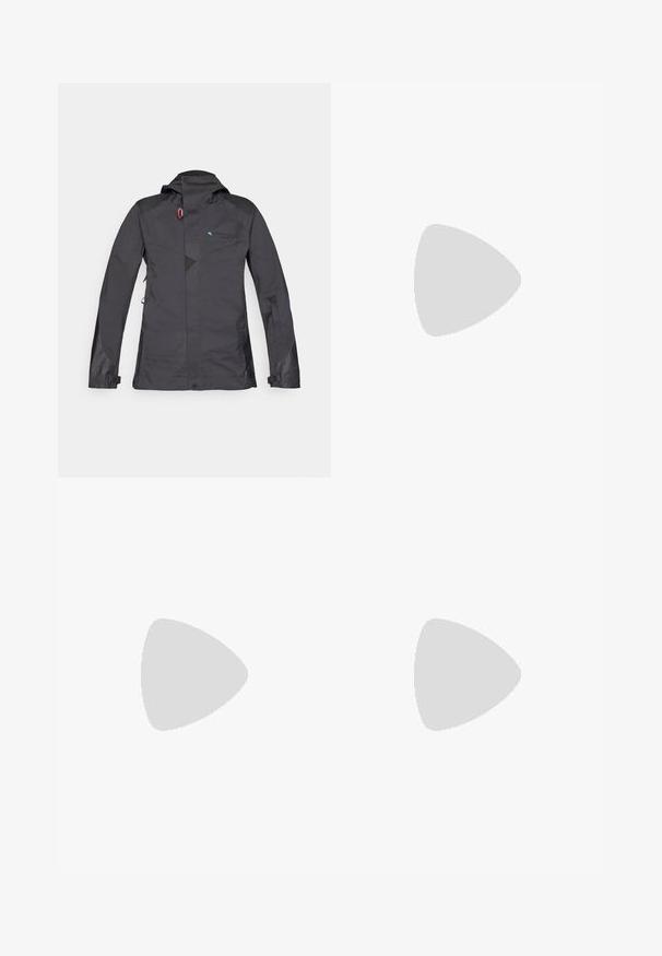 Musta vedenpitävä takki hupulla, jossa on vetoketjukiinnitys, verkkokohdistuksia ja sininen logo. Mukana säädettävät hihansuut ja hillitty geometrinen kuvio.; Harmaa t-paita lyhyillä hihoilla, joka on valmistettu sileästä kankaasta. Tehosteena pyöreä pääntie ja pieni logo tulostettuna rintaan.; Columbia BREA FALLS™ COTTON RIPSTOP PANT - Ulkohousut - black; Columbia PEAKFREAK - Vaelluskengät - black