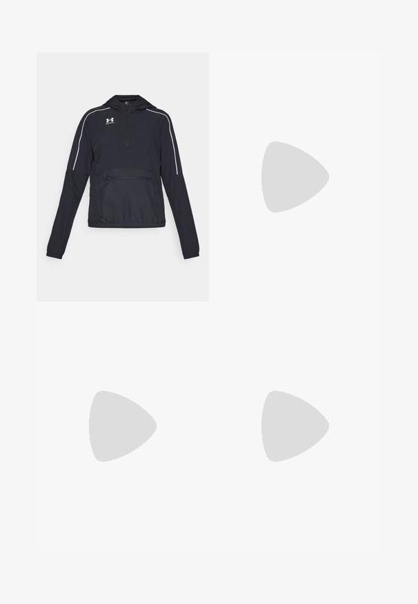 Melna kapuce bikses jaka ar pusi rāvējslēdzēju, elastīgām piedurknēm un jostasvietu. Iezīmētas baltas akcentu līnijas un priekšējais kabatas rāvējslēdzējs.; Melna garām piedurknēm sporta krekls, kas izgatavots no gludas auduma. Tam ir apaļš kakla izgriezums ar Under Armour logotipu, kas izdrukāts apkaklē.; Melnas sporta legingi, kas izgatavoti no stiepjama materiāla, ar augstu jostasvietu, sānu kabatām un pieguļošiem anklets.; Baltas sporta apavs ar melniem diagonāliem svītrām, sieta augšdaļa, noapaļota purngalu forma un teksturēta zole. Akcenti ietver sudraba papēdi un minimālistisku dizainu.