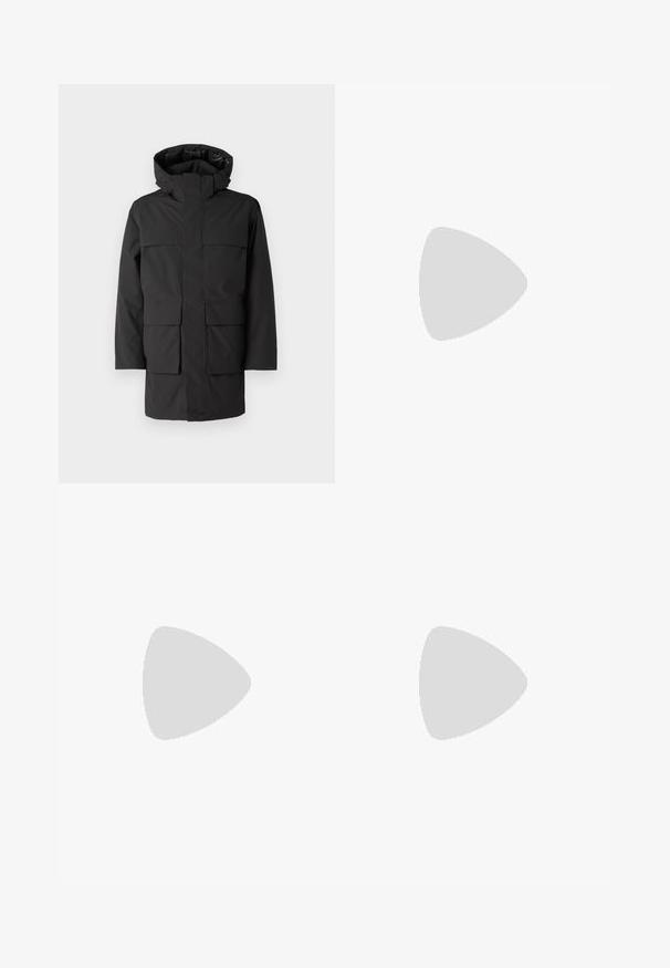 Black waterproof jacket with a hood, featuring a front zipper, four large patch pockets, and a minimalist design. Smooth, durable fabric.; White T-shirt made of cotton, featuring a black round neckline and three black stripes on each shoulder. Small black logo on the chest.; Black athletic pants with an elastic waistband, featuring white side stripes and a small logo. Material appears soft and lightweight.; Black suede sneaker with yellow accents, featuring three stripes and a brown rubber sole. Includes a padded tongue for comfort.