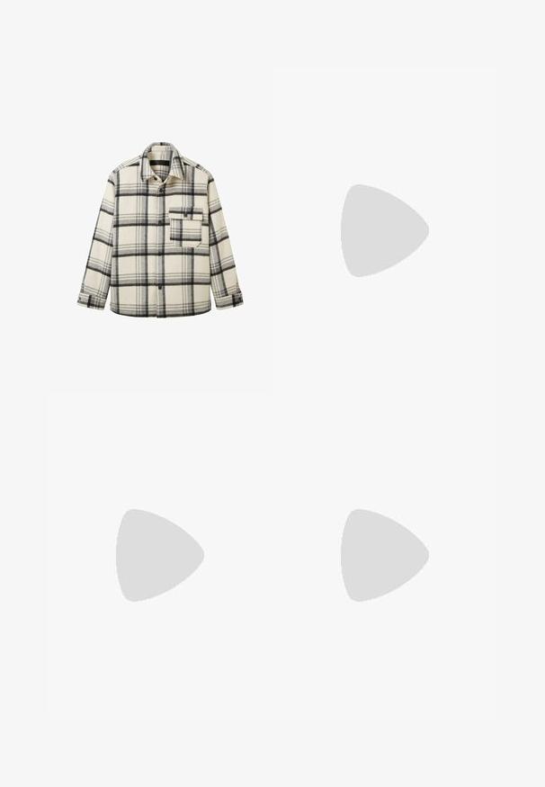 Flanellskjorta i krämfärg med svart rutmönster. Har knäppning framtill, krage och bröstficka. Mjuk textur och avslappnad passform.; Svart polotröja i mjukt stickat material. Har långa ärmar, ribbad krage och fåll. Enkel, stilren design utan mönster.; Beiga vida byxor med en mjuk textur, med bältesöglor, två framfickor och dragkedjestängning. Minimalistisk design.; Svarta lädersneakers med rund tå, med en sydd design, låg plattformssula och en texturerad, mönstrad gummisula.; Svarta rektangulära solglasögon med mörka linser, med en tjock ram, diskreta detaljer på sidorna och inga synliga logotyper förutom varumärket.
