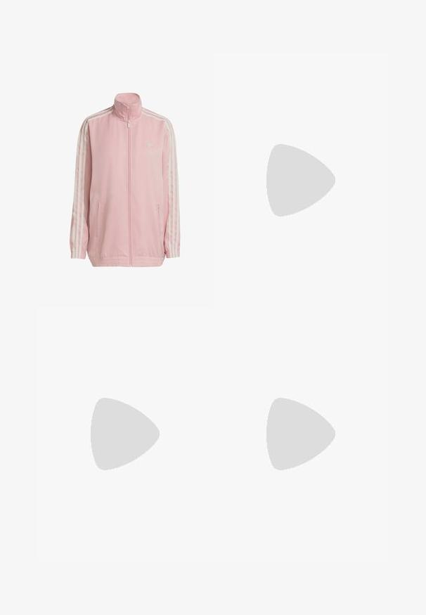 Rosa treningsjakke laget av glatt stoff, har høy krage, hel glidelås, to sidelommer og tre hvite striper på hver erme.; Hvit, kort tanktopp laget av lett stoff med rund hals. Har en svart logo på venstre side og en glatt tekstur.; Sorte treningsbukser med høy midje, med mesh-detaljer på nedre ben og brodert logo på hoften.; Hvit sportsko med mesh-overdel, tre svarte striper på siden, teksturerte detaljer og en solid gummisåle med en kontrasterende svart seksjon.