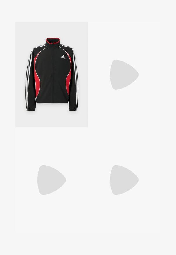 Casaco desportivo preto com detalhes em vermelho e branco, fecho frontal com fecho éclair, gola alta e punhos elásticos; apresenta três riscas brancas nas mangas.; Camisola preta de mangas curtas com padrão em relevo de videira, colarinho às riscas verdes e brancas, e logotipo dourado da Adidas no lado esquerdo do peito.; Calças de atletismo pretas com cintura elástica, corte justo e logotipo branco na perna esquerda. Tecido liso e leve.; Sapata atlética preta com riscas brancas, parte superior em malha, biqueira arredondada e sola acolchoada. Apresenta um calcanhar texturizado e um sistema de atacadores seguro.