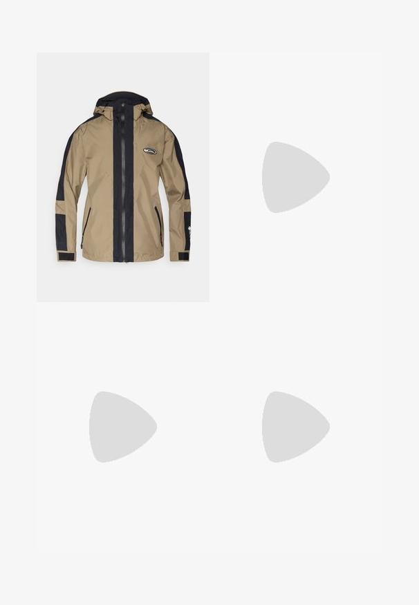 Khaki and navy waterproof jacket featuring a full zipper, adjustable hood, and logo. Includes zippered pockets and Velcro cuffs. Classic fit.; Black cotton t-shirt featuring a graphic print in white and yellow with the text "IRON LIKE HELL" and a design of silhouettes.; Black athletic pants with an elastic waistband, featuring white side stripes and a small logo. Material appears soft and lightweight.; Black suede sneaker with yellow accents, featuring three stripes and a brown rubber sole. Includes a padded tongue for comfort.