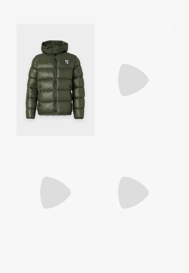 Alyvuogių žalumos pūkinė striukė su kapišonu, priekinis užtrauktukas, šoninės kišenės su užtrauktuku ir mažas veikėjo logotipas su saulės akiniais ant krūtinės.; Juodas medvilninis marškinėliai su trumpomis rankovėmis, apvaliu iškirpimu ir mažos baltos širdelės grafika kairėje krūtinės pusėje.; Juodi kelnių su elastinga juosmena, tiesaus kirpimo ir sukurtomis rankovėmis. Pagaminti iš lygaus, audinio be raštų.; Juodi sportiniai bateliai su lygiu odiniu apdailu, suapvalintu nosiu ir raištelių dizainu. Ypatybės apima skaidrų, paminkštintą pado su tamsiu gradientu.