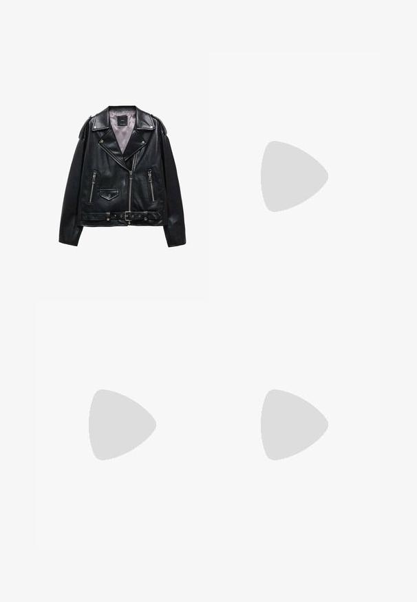Mango Veste en similicuir - black; T-shirt en coton blanc avec un col rond et des manches courtes. Design simple, texture lisse, sans motifs ni accents.; Jeans en denim à jambes larges en coton bleu clair. Dotés d'une fermeture éclair, de poches avant et d'une texture délavée avec des détails de couture.; Baskets avec une tige en cuir blanc, un bout en daim gris et trois bandes noires. Présente un logo bleu sur la languette et une semelle en caoutchouc texturée.; Sac à main en cuir tressé noir avec une forme incurvée, doté d'une poignée épaisse et d'une fermeture zippée. Surface texturée avec une finition brillante.