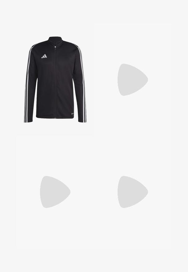 Chaqueta deportiva negra con cremallera completa, que presenta tres franjas blancas a lo largo de las mangas y un pequeño logotipo reflectante en el pecho.; Camiseta atlética blanca de manga corta, hecha de una tela que absorbe la humedad. Presenta un logo negro en el lado izquierdo del pecho y un cuello interior con un diseño estampado.; Pantalones deportivos negros con una cinturilla elástica, rayas laterales blancas y un pequeño logo blanco en el muslo. Fabricados con un material suave y ligero.; Zapatillas deportivas negras con una parte superior de malla texturizada, rayas de acento blancas, suela acolchada y talón reforzado para mayor soporte.