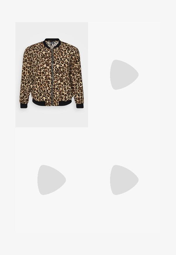 Giacca bomber con stampa leopardata, con zip frontale, polsini e orlo a costine neri, realizzata in morbido tessuto testurizzato nelle tonalità di beige e marrone.; Tre T-shirt aderenti in bianco, grigio e nero. Ognuna presenta un ampio scollo a barca e maniche corte. Realizzate in un tessuto morbido e elastico.; Pantaloni neri a zampa d'elefante realizzati in tessuto elasticizzato, con una vita alta e una superficie liscia. I pantaloni si allargano a partire dal ginocchio.; Sneakers nere alte con suole e lacci in gomma bianca. Presentano una toppa con logo rotondo e cuciture a contrasto bianche. Materiale in tela.