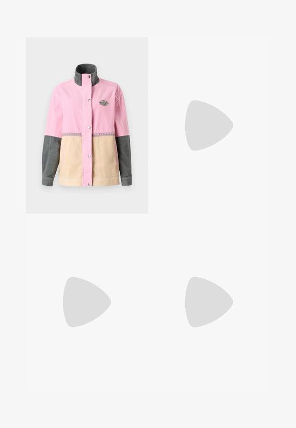 Corduroy jacket featuring pink, beige, and gray panels, with a high collar and logo patch. Front snap closure and decorative stitching.; Cream-colored cotton t-shirt with short sleeves, featuring a graphic of palm trees and a figure on the front, text reads "Another day in paradise."; Beige corduroy pants featuring a wide-leg cut, vertical ribbed texture, front pockets, and a side button detail.; White leather sneaker with beige suede accents, perforated toe box, flat laces, and a textured cream sole. Features subtle branding on heel.