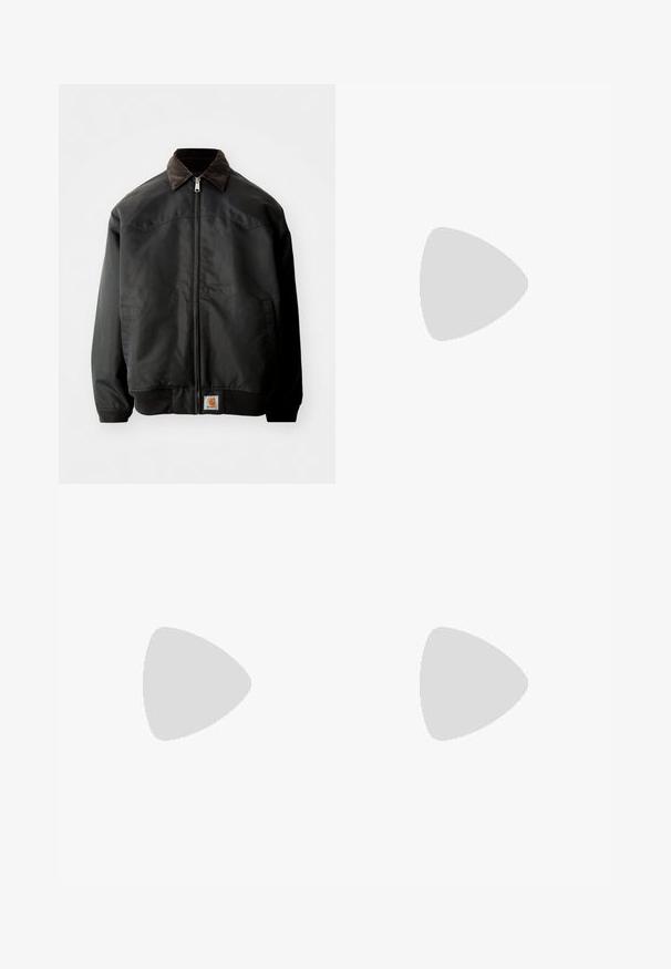 Black bomber jacket with a zip closure, brown corduroy collar, elastic cuffs, and hem, featuring a square logo patch at the lower front.; White cotton T-shirt featuring a black Adidas logo at the center. Short sleeves and a crew neck design. Smooth texture.; White athletic pants with a smooth texture, featuring black curved designs on the sides and a black logo near the waistband.; White and black sneakers with red accents, featuring a suede and leather upper, three black stripes, flat laces, and a textured rubber sole.