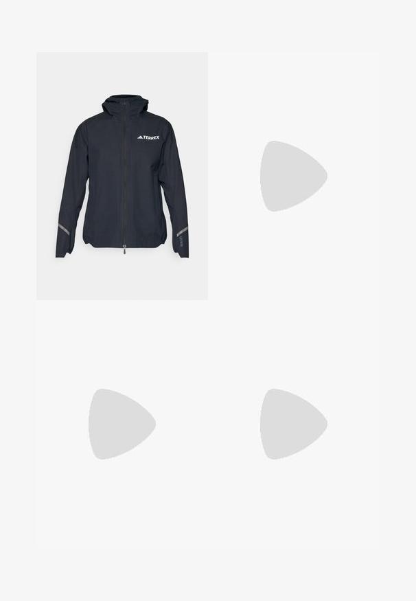 adidas Terrex TERREX XPERIOR 2.5L LIGHT RAIN.RDY JACKET - Windbreaker - black; Black short-sleeve T-shirt with round neckline, featuring a subtle heather texture and white "TERREX" logo on the upper left side.; Black lightweight pants with an elastic waistband. Features a subtle “TERREX” logo in white. Smooth fabric and straight-leg design.; Black running shoe with a textured upper, prominent "TERREX" logo in white, tapered sole design, and a gradient gray accent on the heel.