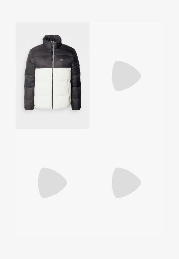 Black and white puffer jacket with a high collar, zip closure, quilted texture, and logo on the chest. Features long sleeves and a boxy fit.; White cotton t-shirt with short sleeves, crew neck, featuring a black CK logo on the left chest area, standard fit, smooth texture.; White trousers made from smooth fabric, featuring a straight leg design, front pleats, and a single button closure at the waist.; Black low-top sneaker with white sole and heel tab, lace-up front, and Calvin Klein logo on side.