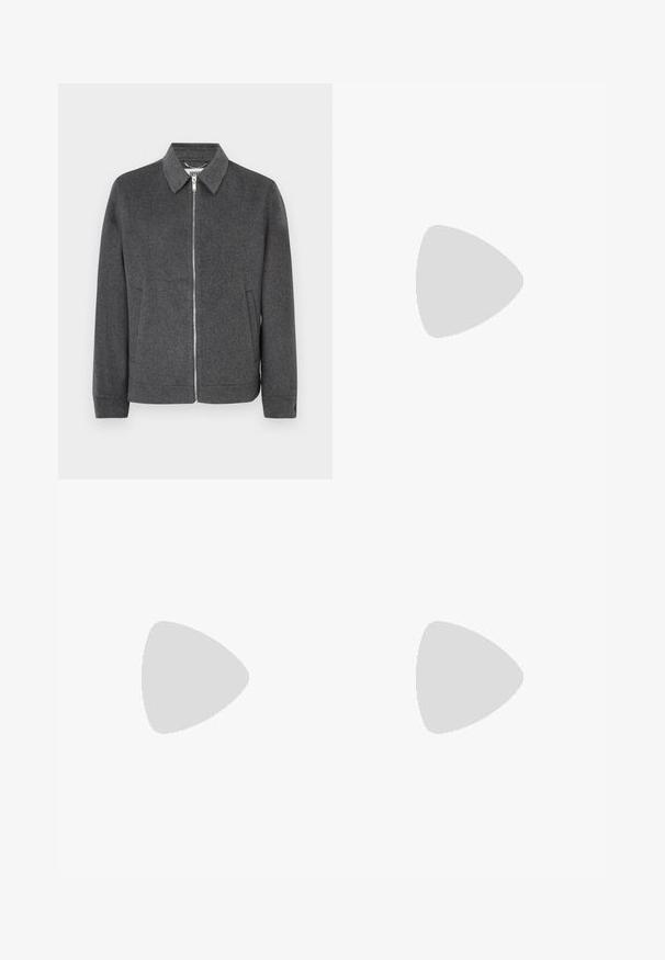 Giacca zip-up in lana grigia con colletto, maniche lunghe, tasche laterali e texture uniforme. Presenta una cerniera argento e un'etichetta con logo all'interno.; Camicia bianca in cotone a maniche lunghe con scollatura rotonda, spacchi laterali in fondo e una texture liscia, mostrata da dietro.; Jeans in denim blu chiaro con design a gamba dritta, cinque tasche, chiusura con bottone, leggero sbiadimento e dettagli di cucitura a contrasto.; Sneaker Lacoste grigie scure in materiale mesh e sintetico, con suola testurizzata e dettagli marroni sul colletto e sul branding.