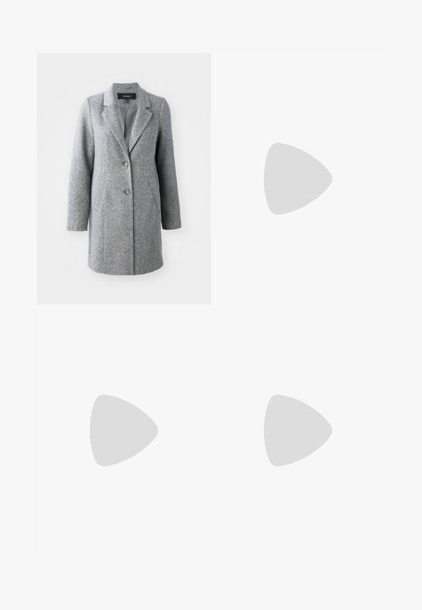Manteau en mélange de laine gris avec une silhouette ajustée, revers crantés, deux poches avant et fermeture à deux boutons, arborant un tissu texturé.; Trois hauts à manches longues empilés : noir, gris et blanc. Chacun a un col rond et un design court avec un tissu lisse et léger.; Tissu rose clair avec une texture lisse, présentant une surface uniforme sans motifs ni matériel notable. De couleur uniforme et doux.; Baskets en suède gris avec des lacets blancs, des rayures noires et une semelle en caoutchouc blanc. Présentent un logo circulaire sur la languette et une semelle en gomme.