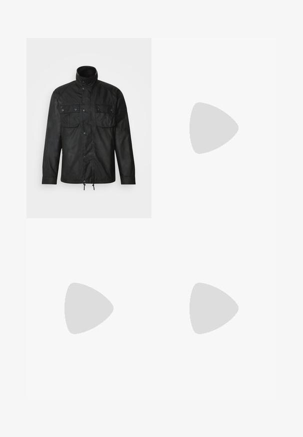 Black outerwear jacket with a high collar, two front pockets, snap closures, and adjustable drawstring at the hem. Smooth, textured fabric.; Black turtleneck sweater made of soft material, featuring long sleeves and a snug fit. Ribbed trim at the hem and cuffs. Simple design.; Beige trousers made from smooth fabric, featuring a straight-leg design, a front button closure, and subtle crease details along the front.; Black leather lace-up shoe with a rounded toe, smooth texture, minimal stitching, and a low rubber heel. Logo on the heel.
