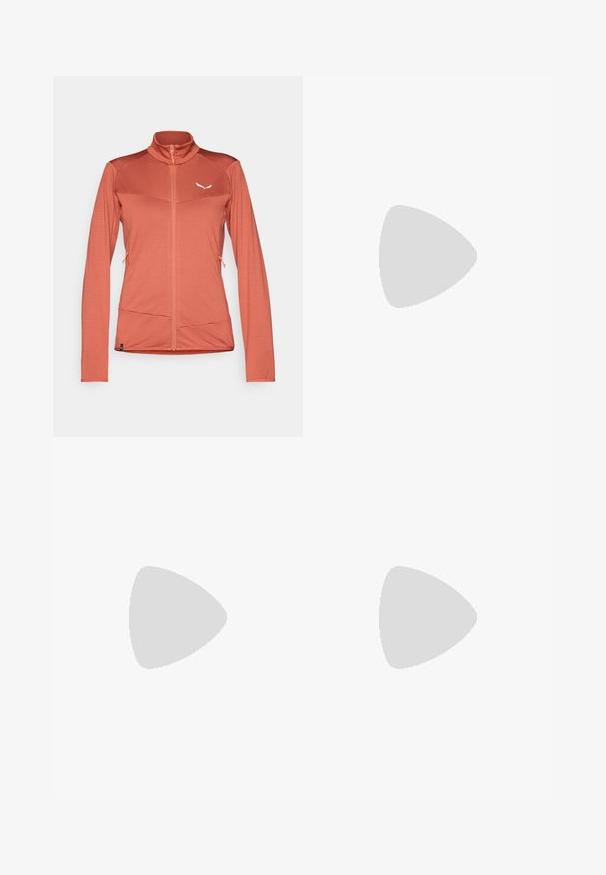 Salewa PUEZ ALTAVIA - Training jacket - etruscan red; Short-sleeve white athletic shirt with a round neckline, featuring a logo on the chest and a smooth, lightweight fabric texture.; Black outdoor pants with a belt, featuring a sleek design, two front pockets, and a logo patch on the thigh. Made from durable, weather-resistant material.; Black hiking shoes with a textured fabric upper, lacing system, and rugged rubber sole. Accented with reflective details and logos.