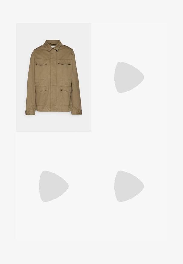 Khaki canvas jacket with a collared neckline, two chest pockets, and two lower pockets. Features epaulets and buttoned cuffs.; Two sleeveless tops in black and white, made of ribbed cotton, featuring round necklines and a fitted design. Labels visible on both.; Black, knee-length skirt made of cotton. Features gathered waistband and smooth texture, with a flared silhouette and no visible patterns.; Black high-top sneakers with white laces, a white logo, and contrasting white stitching. Features a thick white sole and textured suede upper.; Metal-framed sunglasses with oval green lenses. Thin silver metal frame and black ear tips. Minimalist design, no visible logos.