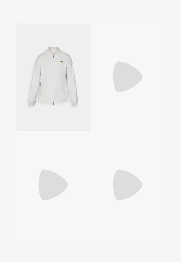 White zip-up jacket with a stand-up collar, two side pockets, and a small yellow logo on the left chest. Soft, smooth fabric texture.; Black cotton t-shirt with a crew neck, short sleeves, and a small green crocodile logo on the left chest. Smooth texture, casual design.; Black athletic shorts with elastic waistband, white side stripes, mesh texture, and a small green Lacoste logo on the lower left side.; Black athletic shoe featuring a textured upper, three horizontal stripes, and a white sole with a patterned tread. Lightweight and streamlined design.