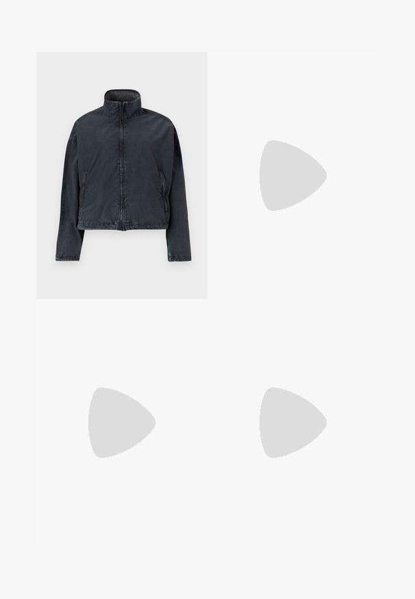 Black cropped jacket made of soft, smooth material, featuring a high collar, front zipper, and side pockets with subtle stitching details.; White cropped T-shirt, short wide sleeves, soft cotton material, round neckline with subtle orange trim, minimal design, no patterns or graphics.; Wide-leg pants in light cream fabric, featuring side pockets, a flat front, and a single button closure at the waist. Smooth texture.; Black patent leather slingback shoe with pointed toe, two strap detail, gold circular accents, and a low block heel.