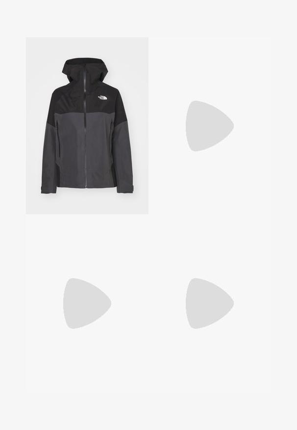 Črna in temno siva vodoodporna jakna s kapuco, sprednjim zadrgo in dvema stranskima žepoma z zadrgo. Na prsih je logotip The North Face.; Bela skrajšana majica iz bombaža z okroglim izrezom in kratkimi rokavi. Ima črn logotip na levem prsnem delu.; Visokotlačne črne legice z gladko, elastično teksturo. Imajo majhen bel logotip na spodnjem delu noge. Namenjene so športni obleki.; Črne atletske čevlje z teksturiranim zgornjim delom, ki imajo sivo obrobo in belo srednjo podplat. Vključujejo zanko za vprego in izstopajočo blagovno znamko na peti.