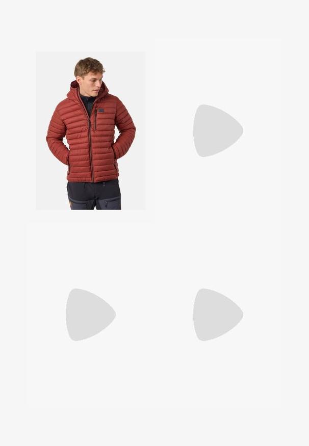 Puffer jacket in reddish-brown with horizontal quilting, hood, zippered pockets, and a small logo patch on the chest. Soft, insulated material.; Black fleece pullover with a half-zip front and high collar. Features a gold embroidered logo and ribbed cuffs and hem. Soft, textured finish.; Black outdoor pants made of durable fabric, featuring multiple zipped pockets, a textured surface, and reinforced knee areas. Worn with dark footwear.; Black and grey hiking boot with textured fabric, bright yellow accents, reinforced toe, and rubber outsole featuring deep treads for traction.