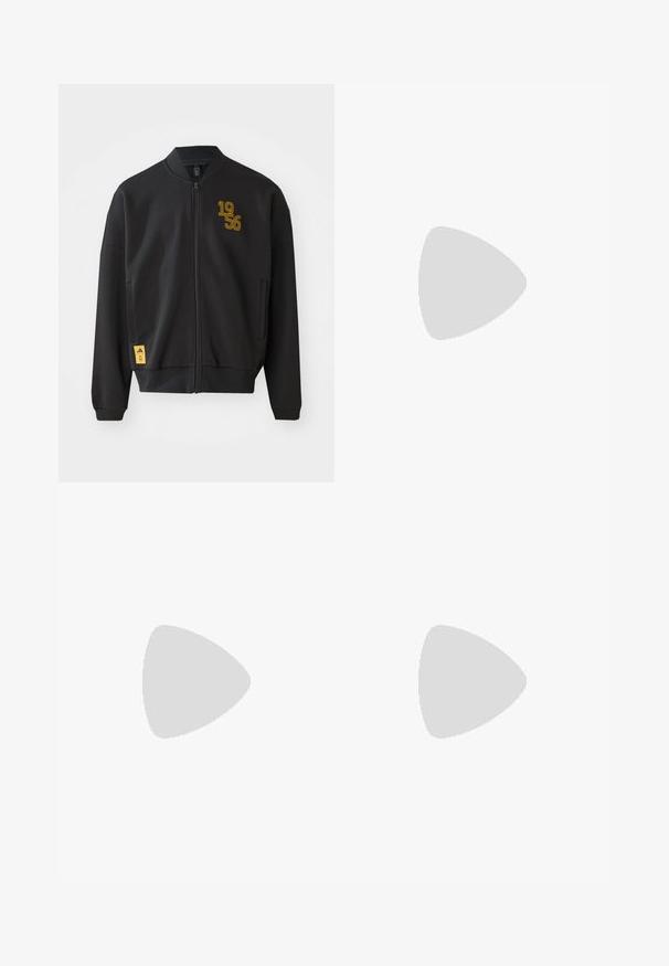 Black bomber jacket with a full zipper, ribbed collar and cuffs, yellow "1956" graphic on chest, and a yellow brand logo tag on the hem.; Olive green cotton t-shirt featuring a large black Levi's logo on the front. Classic crewneck and short sleeves, smooth texture.; Olive green cargo pants made from sturdy cotton. Features multiple pockets, a zippered side pocket, and tapered legs with a slightly textured finish.; Black high-top sneakers with white sole and laces, paired with loose blue denim jeans, resting on a gray railing.