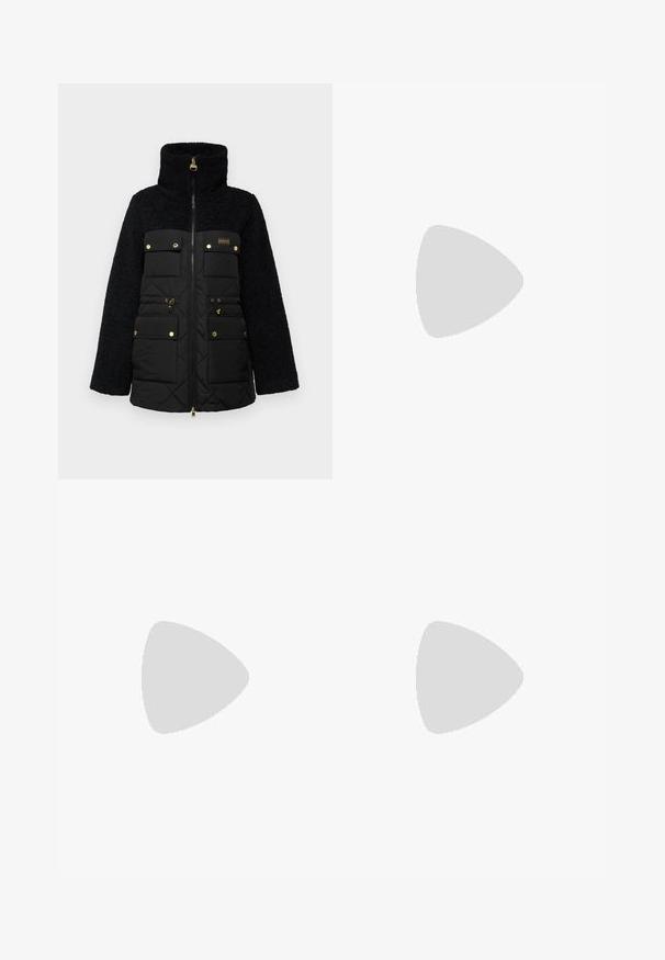 Barbour International JEMISON QUILT - Winter jacket - black; Gray knitted sweater with long sleeves, round neckline, ribbed cuffs and hem, featuring a soft texture and relaxed fit.; Grey herringbone wrap skirt made from textured wool fabric, featuring a single button closure at the waist and an asymmetrical hemline.; Black leather lace-up boots with a textured finish, yellow stitching, and a sturdy, translucent sole. Paired with striped pants featuring zippers.