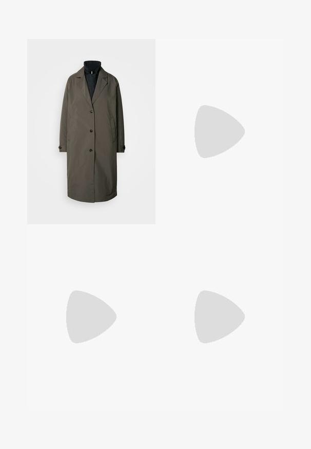 Tmavě olivově zelený trenčkot s vykrojeným límcem, pěti předními knoflíky a dvěma bočními kapsami. Texturovaná tkanina, středně dlouhý design.; Černé bavlněné tričko s kulatým výstřihem, krátkými rukávy a vyšitým logem na hrudi. Jednoduchý, volný střih bez vzorů.; Černé kalhoty na míru se střihem do rovna, které mají hladkou texturu a ostré sklady na přední straně. Bez viditelného kování.; BOSS IRYNA BOOTIE - Kotníkové boty na platformě - black