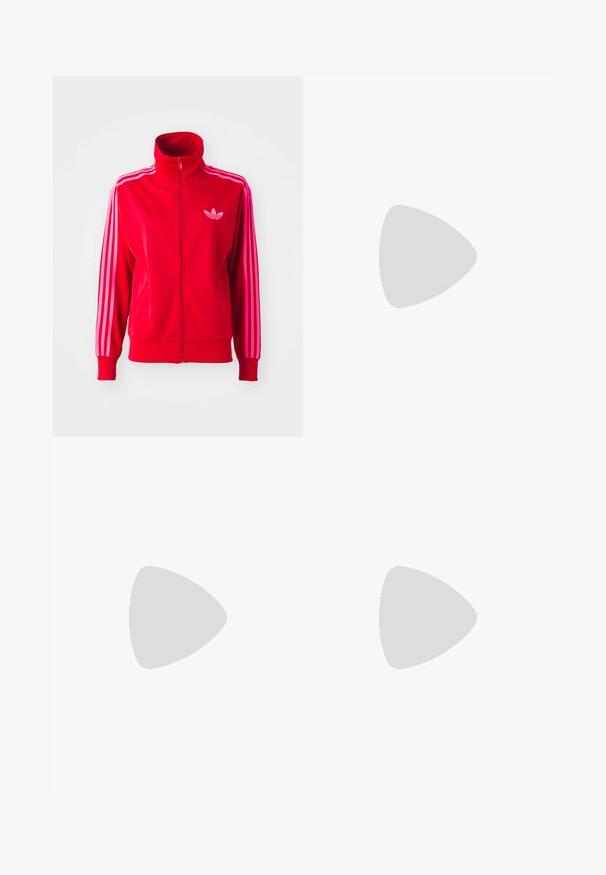Red athletic jacket made of smooth fabric, featuring a high collar, full zip, and three pink stripes down each sleeve. Small logo on chest.; Red cotton t-shirt with a round neckline, short sleeves, white three-stripe accents on shoulders, and a small white logo on the chest.; Red track pants with white stripes along the sides, featuring a loose fit and zipper detail at the hem. Worn with light-colored athletic shoes.; Red athletic sneaker with a textured upper, three white stripes, round toe, and a rubber sole with logo detailing on the side.