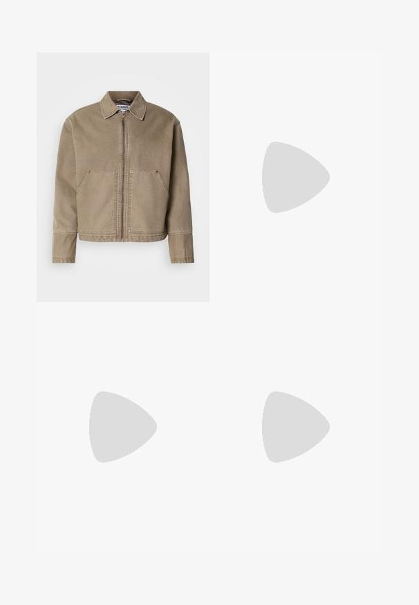 Khaki cotton jacket with a zip front, pointed collar, two large front pockets, and stitched detailing on the edges and seams.; Three white ribbed tank tops made of cotton. Features a crew neck and small black labels near the hem. Available in multiple sizes.; Black lightweight nylon cargo pants with elastic waistband, adjustable drawstring, and multiple layered pockets on legs.; White athletic shoes with textured overlays, a chunky sole, and gray accents. Worn with white crew socks and green shorts on a blue surface.