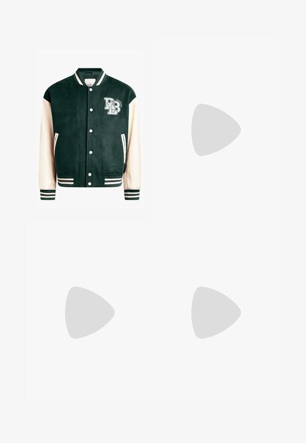 Dark green varsity jacket with cream sleeves, ribbed cuffs, and collar. Front features logo with white lettering, snap buttons, and side pockets.; White cotton t-shirt with short sleeves, rounded neckline, relaxed fit, and no visible logos or patterns. Smooth texture and minimal design.; Black jogger pants made of soft fabric, featuring an elastic waistband with a drawstring, ribbed cuffs, and a small logo on the left thigh.; White leather sneakers with perforations, round toe, flat sole, and thick laces, featuring a visible swoosh logo and "AIR" on the heel.