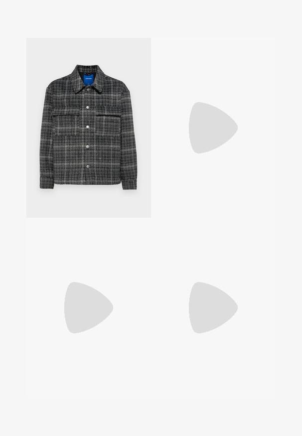 Grey plaid jacket with a button-up front, two chest pockets, and a collared neckline. Soft, textured fabric with silver-tone buttons.; White cotton t-shirt featuring short sleeves, crew neck, and a red graphic text "DELICIOUS REFRESHING FRUIT" on the front.; Black denim jeans featuring a straight leg design, five-pocket style, and metal hardware with copper accents. Smooth texture and medium rise.; White leather sneakers with a smooth finish, rounded toe, flat laces, and a textured sole. Grey suede accent at the heel.; Sunglasses with rectangular, dark grey lenses, silver metal frames, and black plastic tips on the arms. Lightweight design with nose pads.