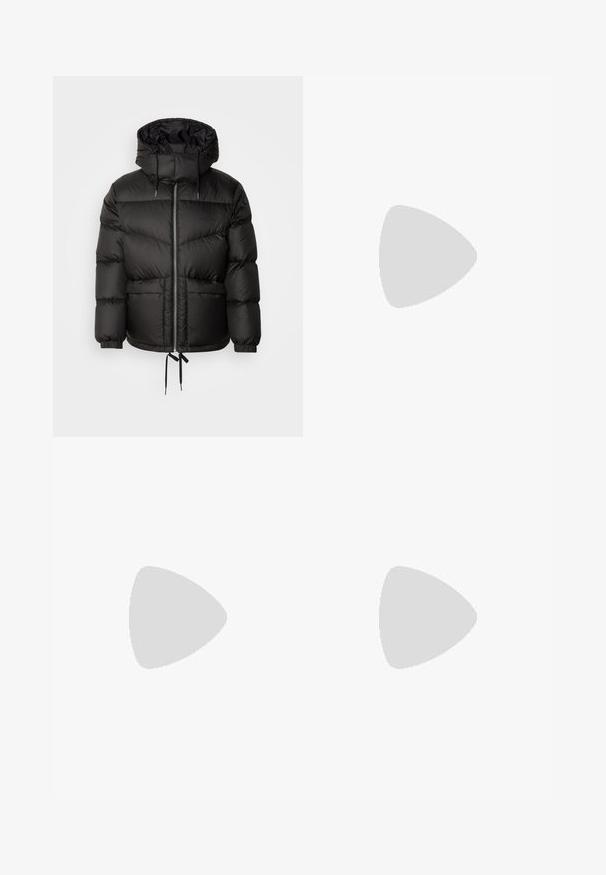 Marc O'Polo DENIM OUTDOOR HOOD - Down jacket - black; Two short-sleeve shirts: one solid black, one white with black vertical stripes. Both feature button closures and a classic collar.; Black denim pants featuring a straight-leg cut, five-pocket design, and a front button closure. Smooth texture with minimal stitching details.; Black sneakers with a smooth texture, low-top design, round toe, flat black laces, and a rubber sole. Minimalistic style with no visible logos.