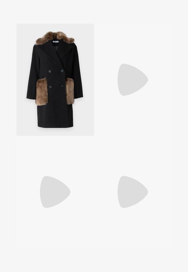 Schwarzer Wollmantel mit einem braunen Kunstfellkragen und seitlichen Taschen. Doppelreihiges Design mit zwei dunklen Knöpfen. Strukturierte Silhouette.; Weißes kurzärmliges T-Shirt aus geripptem Stoff. Runder Halsausschnitt, normale Passform und dezente Nähte. Keine Muster oder Grafiken.; Gestreifte weiße Midi-Rock aus Strick mit einem strukturierten Muster und Ausschnitten am Saum. Elastischer Bund. Weiches Material.; Schwarze Leder-Ballettschuhe mit abgerundeter Spitze, glatter Textur, minimalen Nähdetails und einem flexiblen Sohlen-Design.