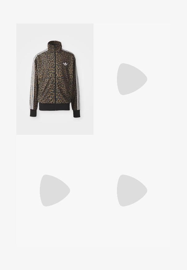 Jakna z leopardjim vzorcem z zadrgo v rjavi in črni barvi, ki ima bele tričrte na rokavih in črn riban rob. Klasični Adidasov logo.; Tri bele rebraste majice brez rokavov iz bombaža. Imajo okroglo izreza in majhne črne etikete blizu roba. Na voljo v več velikostih.; Crne športne hlače z elastiko v pasu, narejene iz gladkega materiala, z diskretnim stranskim šivanjem in ohlapnim krojem ter ravnimi nogavicami.; Črne športne copate z zgornjim delom iz semiša in sintetičnih materialov, ki imajo tri bele črte, teksturiran gumijast podplat in modro označevalno oznako na jeziku.