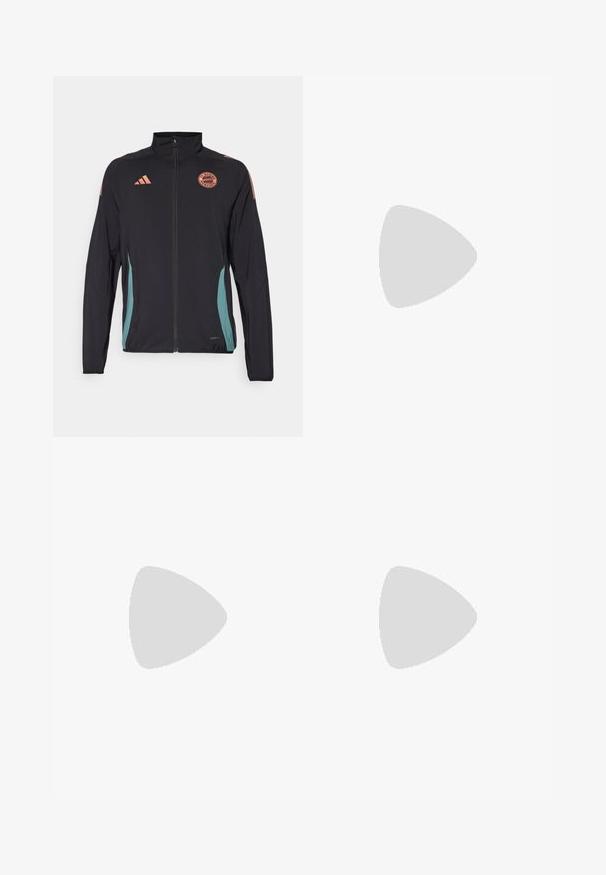 adidas Performance FC BAYERN TIRO PRESENTATION - Club wear - black; Black cotton t-shirt with short sleeves, crew neckline, and a white logo on the left chest. Smooth texture and simple design.; Black athletic pants with an elastic waistband, featuring white stripes along the sides and a small logo on the hip. Smooth texture.; Black athletic shoe with breathable mesh upper, white accents, and a cushioned sole. Features three stripes logo on the side.