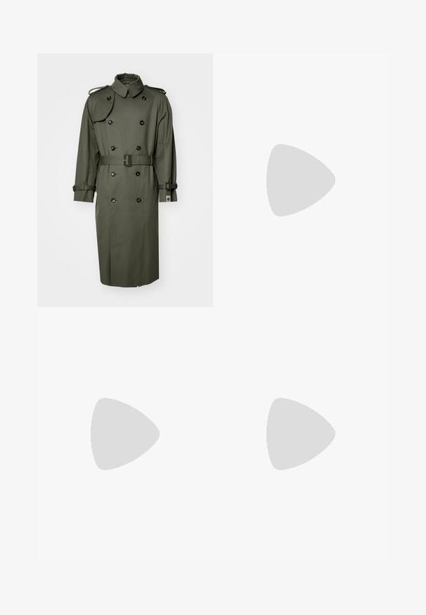 Bally Šineļveida mētelis - military green; Melnas garās piedurknes krekls ar apaļu kaklu. Izgatavots no mīkstas auduma, tam ir vienkāršs dizains un standarta piegriezums bez redzamām rakstu vai akcentiem.; Melnas plisētās bikses ar taisnu, plata kāja dizainu. Izgatavotas no gludas auduma, ar pogu aizdari un jostas cilpiņām.; Baltas sneakers ar zamša akcentiem, noapaļota purngala, plakaniem auklām un krēmkrāsas gumijas zoli. Ar zaļu zīmolu uz papēža.