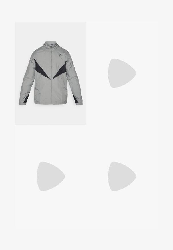 Lightweight, gray windbreaker with black accents. Features a high collar, front zipper, and contrasting design patterns on chest and sleeves.; White crewneck t-shirt made of cotton, featuring short sleeves and a small logo embroidered on the left chest area. Soft texture.; Black sweatpants made of cotton blend, featuring an elastic waistband and a small white logo on the left side. Tapered leg design.; White athletic sneakers with a smooth synthetic upper, black logo accent, and perforated detailing on the side. Rubber sole.