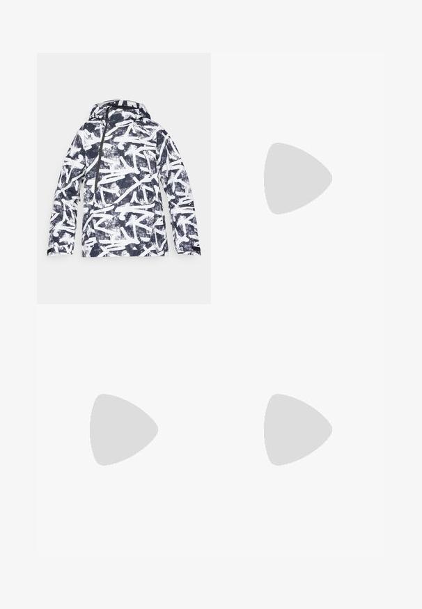 Graafilise printimisega jakk, millel on tumesinine ja valge abstraktne disain, veekindel materjal, kapuuts, eesmine tõmblukk ja küljetaskud.; Must musta t-särk, mis on valmistatud kergetest kangast, millel on kergehall "TERREX" logo rinnaeest ja ümar kaelus.; Mustad kergekaalulised välispüksid elastse vöökoha, tõmblukuga taskute ja trükitud logoga. Sile tekstuur ja sirge sääre lõige.; Valge jooks鞋 яркий оранжевыми акцентами и брендингом "TERREX". Оснащён текстурированной сетчатой верхней частью и амортизирующей подошвой с протекторами для сцепления.