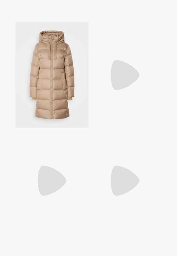 Marc O'Polo Down coat - soft mocca; White short-sleeve t-shirt made of cotton. Features a relaxed fit with a crew neckline and slightly dropped shoulder seams. No patterns or accents.; Black cotton blend trousers with a straight-leg design, front button closure, and two side pockets. Smooth texture, no visible patterns.; Black leather ankle boot with a pointed toe and a low block heel, featuring a smooth texture and minimalistic design.