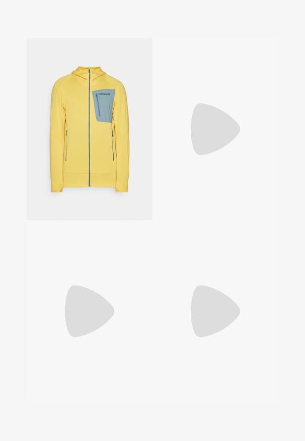 Geltona zip-up striukė su tekstūruotu raštu, su mėlynu krūtine kišeniu ir šoninėmis kišenėmis. Gobtuvų dizainas su kontrastingais akcentais.; Juodas trumpas rankovės marškinėliai iš medvilnės, su mažu baltu Columbia logotipu kairėje priekyje. Klasikinis apvalus iškirpimas ir laisvas kirpimas.; Šviesiai rudos spalvos cargo kelnės su užsegimu, lieknu siluetu, šoninėmis kišenėmis ir glotnia medvilnės mišinio medžiaga. Nėra matomų raštų ar akcentų.; Žalios Hoka bėgimo sportbačiai su Gore-Tex viršutine dalimi, tekstūriniais akcentais, elastingomis raištelėmis ir storu smėlio spalvos padu su Vibram logotipu.