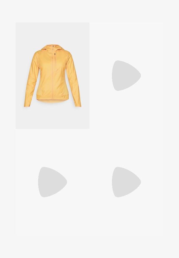 Salomon BONATTI CROSS  - Løpejakke - warm apricot; Svart ermeløs løpe-trøye laget av lett materiale med rund hals; har en subtil logo og sideslitser for pusteevne.; Sorte, cropped leggings laget av elastisk stoff, med høy midje og glatt tekstur, uten synlige mønstre eller detaljer.; Svart Nike løpesko med pustende mesh-overdel, hvit swoosh-logo, teksturert detaljer og en kremfarget ZoomX mellomsåle.