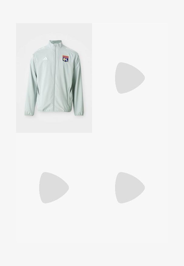 Svijetlozelena atletska jakna s visokim ovratnikom, sa bijelim adidas prugama i logotipom Olympique Lyonnais na lijevoj strani prsiju.; Svijetlozelena majica kratkih rukava s sivim naglascima, crnim logotipom i prugama. Izrađena od prozračnog materijala, dizajnirana za sportsko odijevanje.; Sive trenerke s elastičnim pojasom, s teksturiranom završnom obradom i kontrastnim zelenim bočnim akcentima. Uključuje detalj s logotipom.; Crne atletske cipele s teksturiranim mrežastim gornjim dijelom, bijelim naglasnim trakama, podstavljenim potplatom i ojačanim petom za podršku.