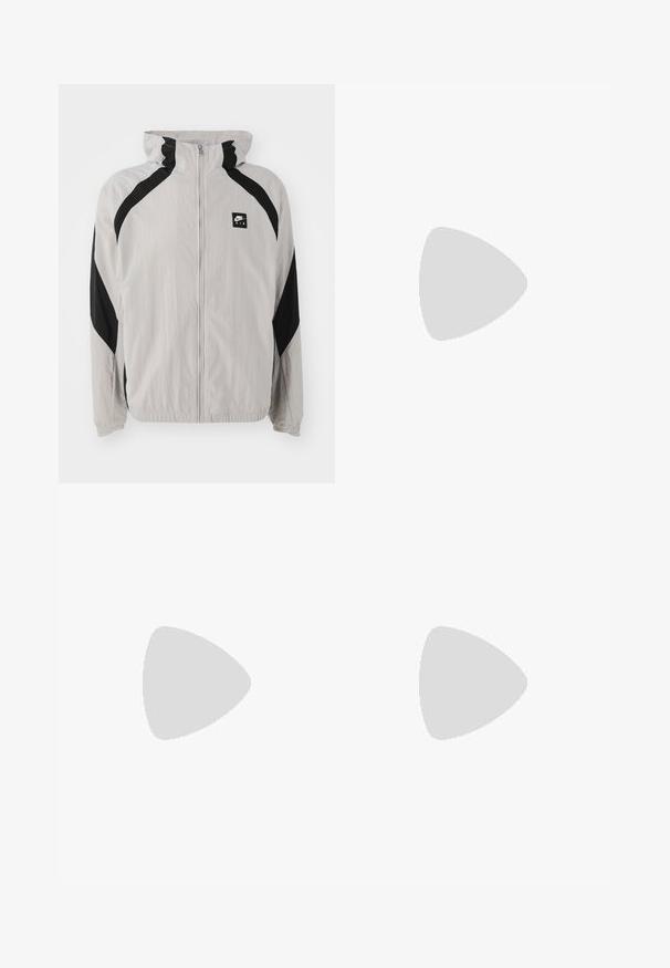 Light gray windbreaker jacket with black accents, zipper closure, and hood. Features a Nike logo and elastic cuffs at the sleeves.; Three white ribbed tank tops made of cotton. Features a crew neck and small black labels near the hem. Available in multiple sizes.; Gray Nike sweatpants with a drawstring waistband, tapered legs, side pockets, and distinct seam detailing. Soft, textured fabric.; Gray athletic shoe featuring a mesh and suede upper, white accents, a cushioned sole, and a distinctive design with reflective elements.