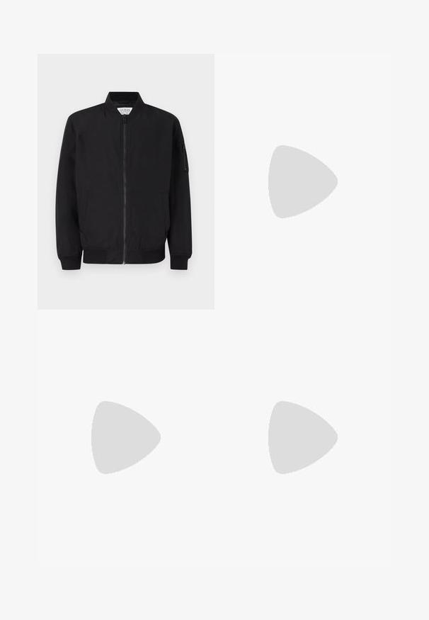 Black bomber jacket with zip closure, ribbed cuffs and hem, side pockets, and a sleeve pocket. Made from smooth, lightweight fabric.; Black cotton T-shirt featuring a gold square with a silhouette of a person wearing sunglasses and the text "KARL LAGERFELD" below.; Black sweatpants made of cotton with an elastic waistband and adjustable drawstring; features side pockets and tapered ankle cuffs.; Steve Madden BRENT - Trainers - white