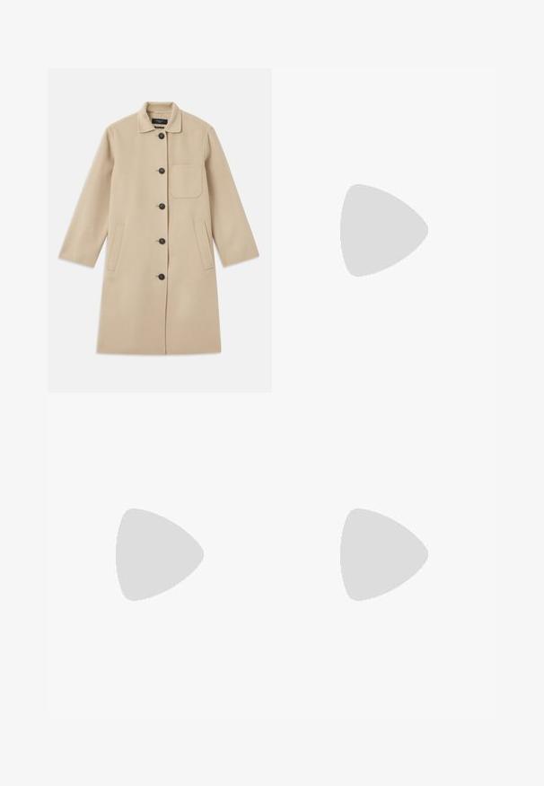 Beige wool coat with long sleeves, button closure, single chest pocket, and two side pockets. Textured fabric and round collar design.; White short-sleeve knit top with a round neckline, featuring a smooth texture and subtle ribbed accents at sleeves and hem.; Burgundy wide-leg jeans in cotton denim, featuring a high waist, front pockets, and visible stitching. Classic five-pocket design.; Beige leather ballet flat with rounded toe, minimal seam detailing, low heel, and subtle logo on the back. Smooth, matte texture.